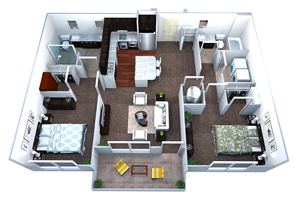 Floor plan for 2 beds, 2 baths, 1109 sqft